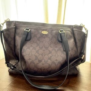Coach Dark Brown Signature Canvas Tote/diaber bag with Leather Trim